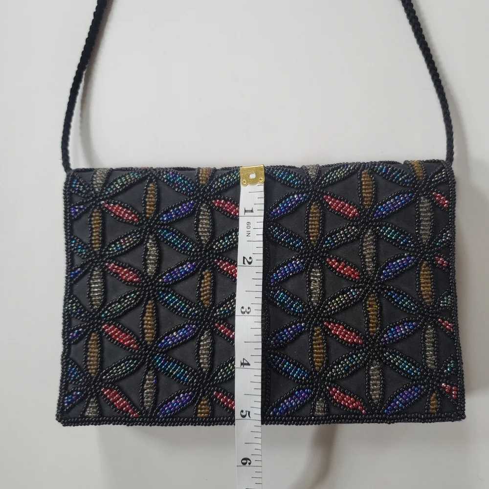 Beaded Geometric Pattern Dressy Purse Evening Bag Black and Jewel Tones. - Picture 10 of 10